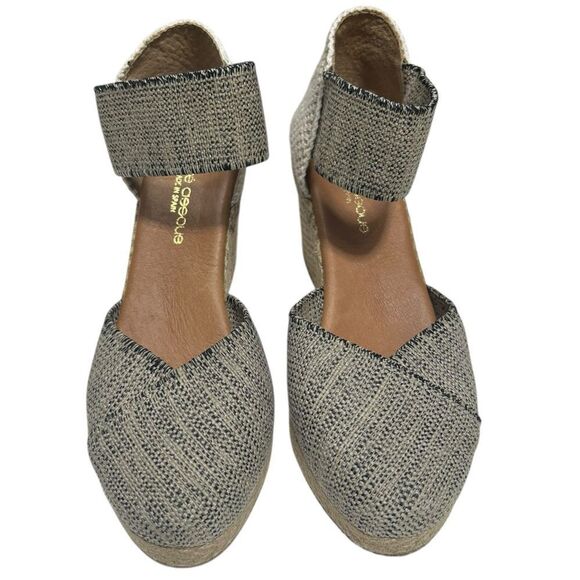 Andre Assous Beige & Black Espadrille Wedge Sandals Size 7 Made in Spain - Picture 2 of 12